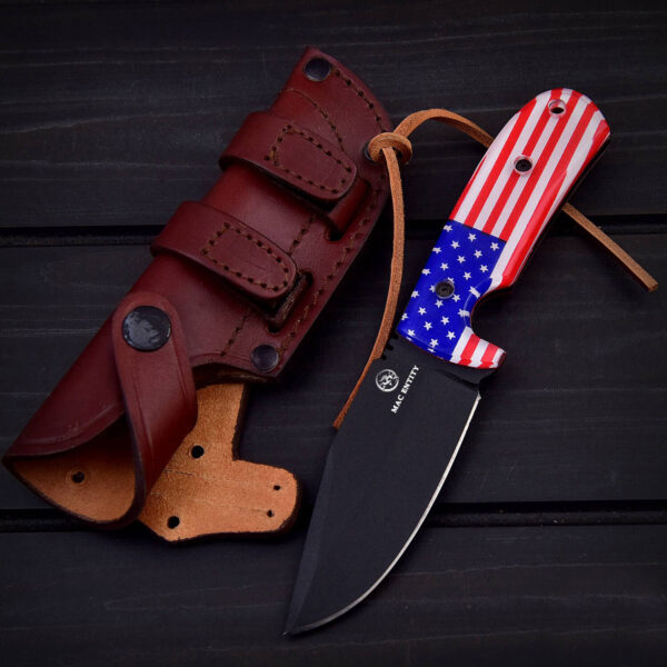 American Black Coated High Carbon Steel Hunting Skinner Knife with Leather Sheath