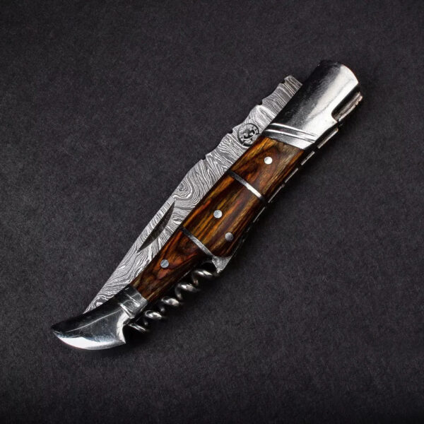 Custom Handmade Damascus Steel Pocket Knife Wine Opener with Leather Cover - Image 3