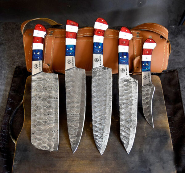 American Handmade Damascus Steel Chef Knife Set With Leather Sheath