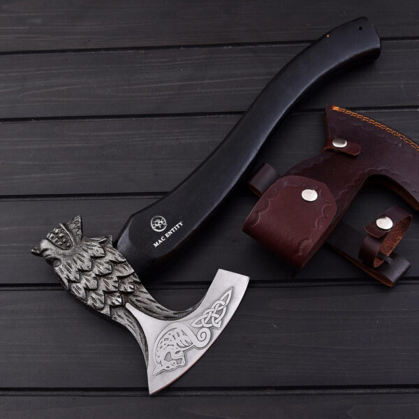 Custom Handmade Wolf Head Viking Axe With Leather Sheath