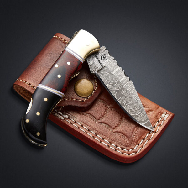 Handmade Damascus Steel Pocket Knife WIth Leather Cover