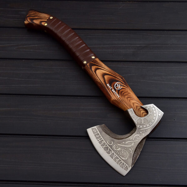 Custom Handmade Viking Etched Axe with Leather Sheath - Image 4