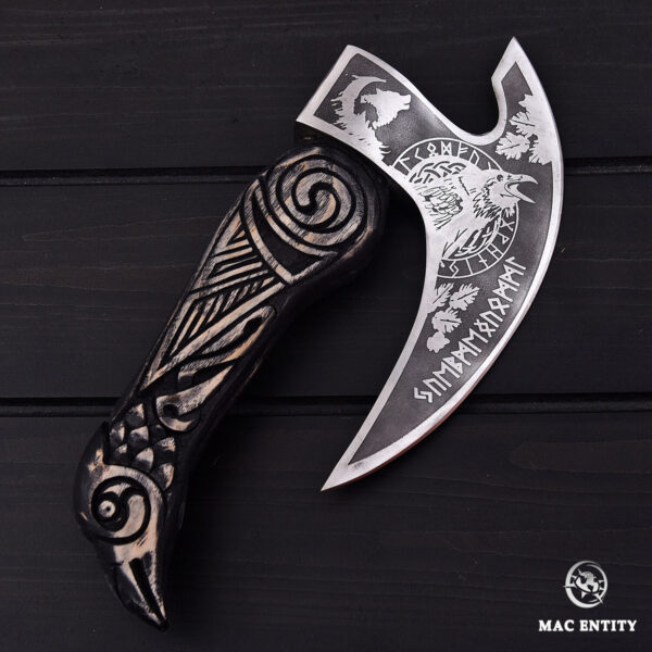 Custom Handmade Viking Pizza Cutter Axe Hand Engraved Handle with Leather Sheath - Image 4