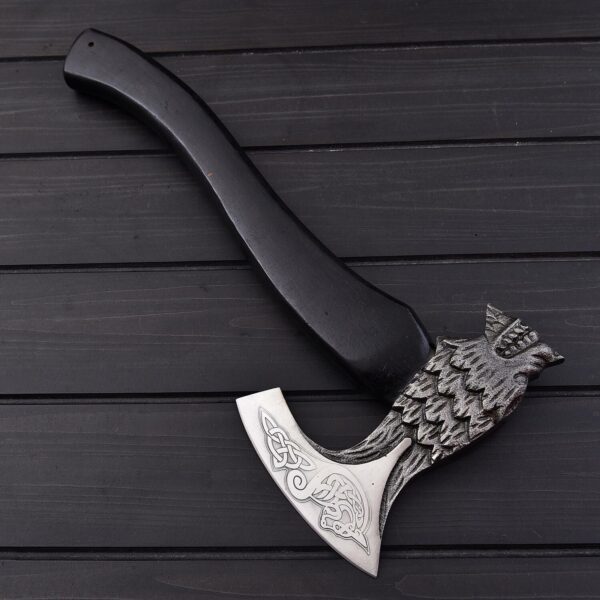 Custom Handmade Wolf Head Viking Axe With Leather Sheath - Image 4