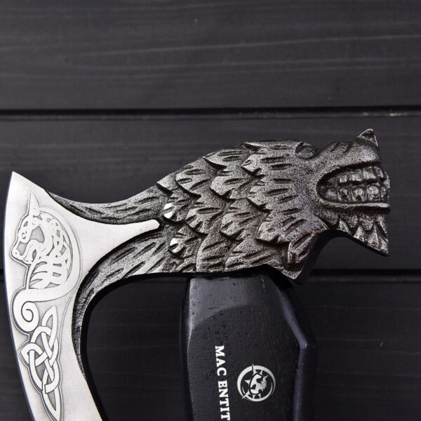 Custom Handmade Wolf Head Viking Axe With Leather Sheath - Image 3