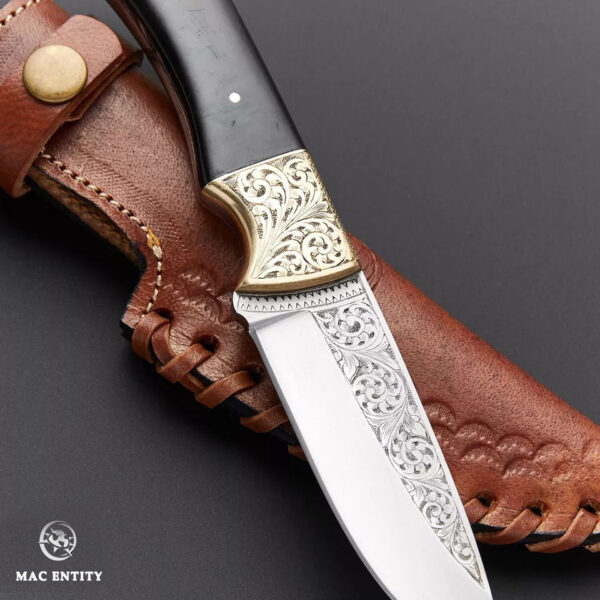 Custom Hand Engraved Hunting Skinner Knife Carbon Steel Black Horn Handle - Image 2