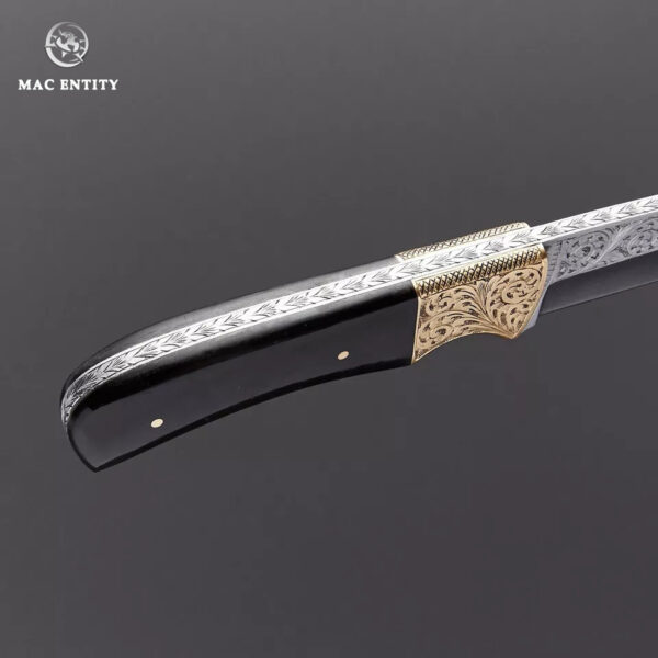 Custom Hand Engraved Hunting Skinner Knife Carbon Steel Black Horn Handle - Image 3