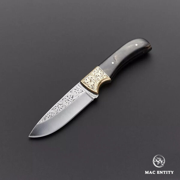 Custom Hand Engraved Hunting Skinner Knife Carbon Steel Black Horn Handle - Image 4