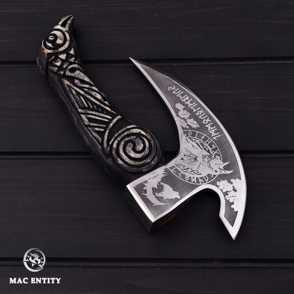 Custom Handmade Viking Pizza Cutter Axe Hand Engraved Handle with Leather Sheath - Image 3