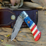 American Handle Handmade Damascus Steel Folding Pocket Knife With Leather Cover