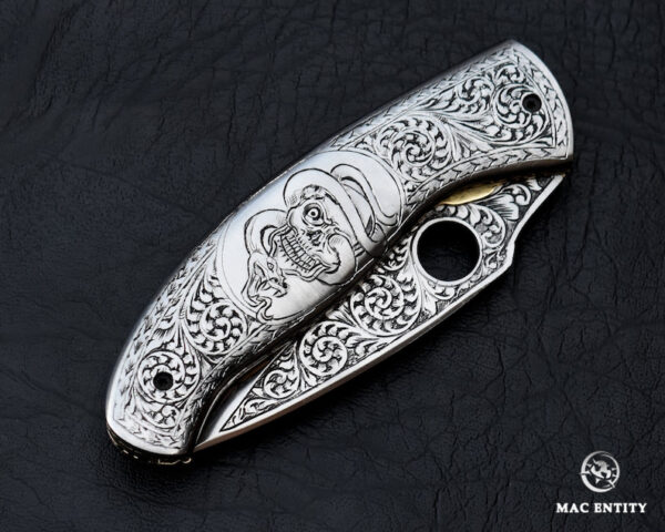 Custom Hand Engraved Pocket Knife D2 Steel With Leather Sheath - Image 4