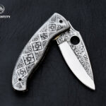 Custom Hand Engraved Pocket Knife D2 Steel with Leather Sheath