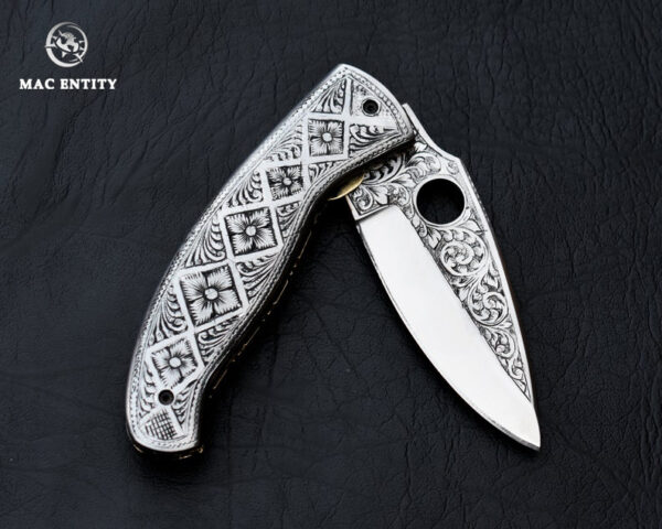 Custom Hand Engraved Pocket Knife D2 Steel with Leather Sheath