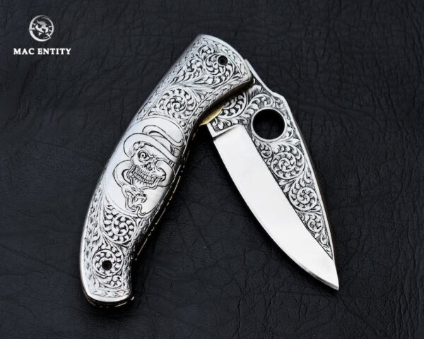 Custom Hand Engraved Pocket Knife D2 Steel With Leather Sheath