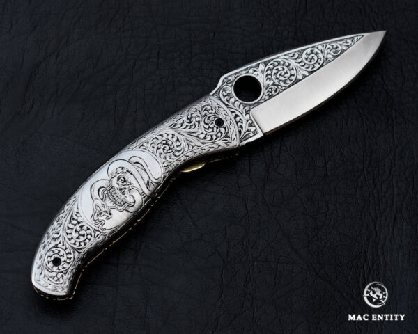 Custom Hand Engraved Pocket Knife D2 Steel With Leather Sheath - Image 2