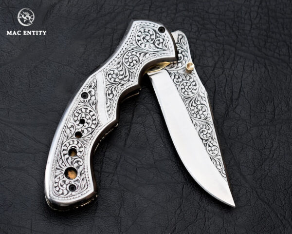 Custom Hand Engraved Pocket Knife D2 Steel with Leather Sheath