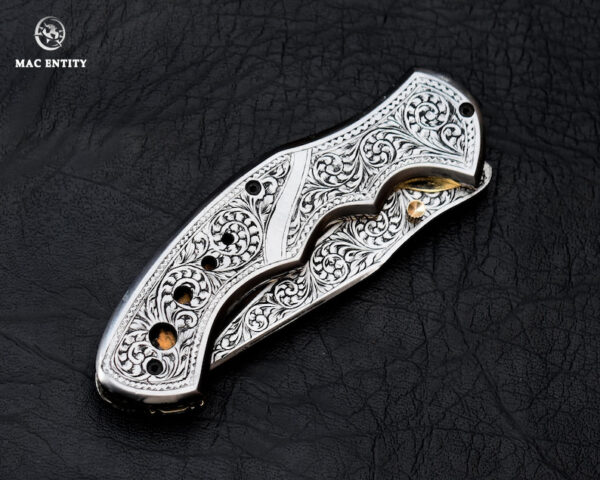 Custom Hand Engraved Pocket Knife D2 Steel with Leather Sheath - Image 4