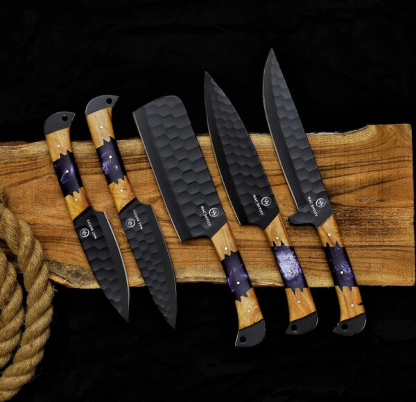 Custom Handmade Kitchen Chef Knives Set Black Carbon Coated with Leather Sheath - Image 3