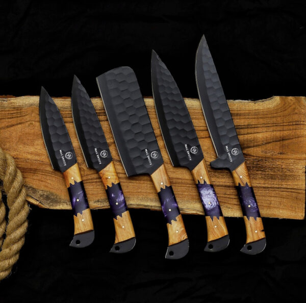 Custom Handmade Kitchen Chef Knives Set Black Carbon Coated with Leather Sheath