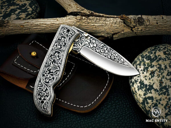 Custom Hand Engraved D2 Steel Pocket Knife with Leather Sheath - Image 2