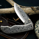 Custom Hand Engraved D2 Steel Pocket Knife with Leather Sheath