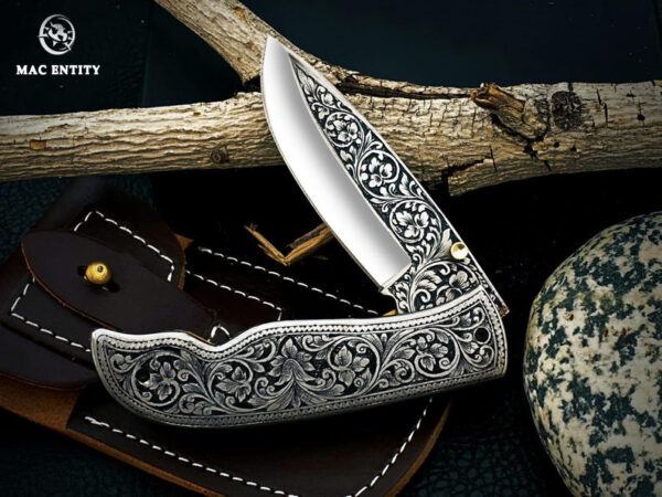 Custom Hand Engraved D2 Steel Pocket Knife with Leather Sheath