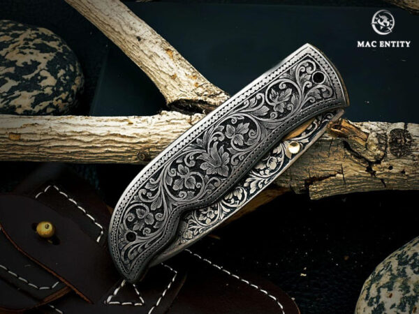 Custom Hand Engraved D2 Steel Pocket Knife with Leather Sheath - Image 4