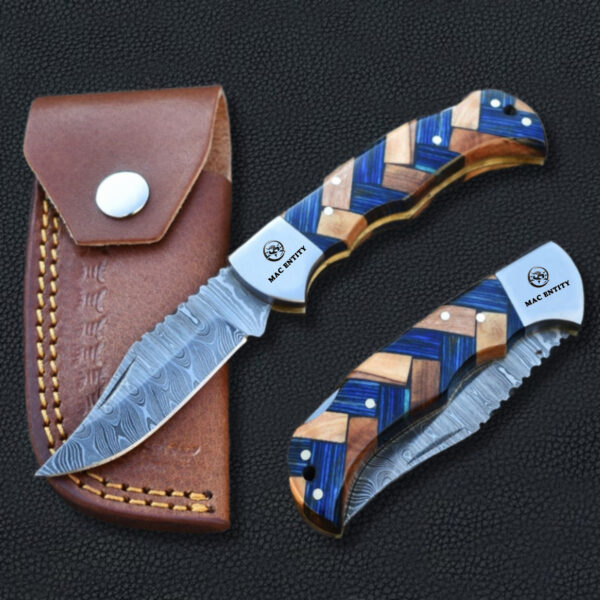 Custom Handmade Damascus Steel Pocket Knife with Leather Cover