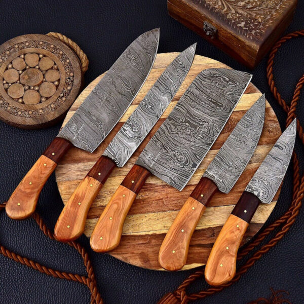 Custom Handmade Damascus Steel Chef Knives Set of 5 with Leather Sheath - Image 2