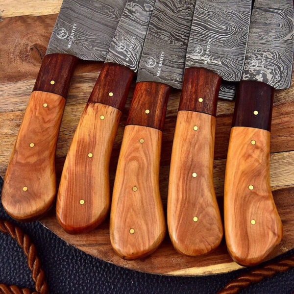 Custom Handmade Damascus Steel Chef Knives Set of 5 with Leather Sheath - Image 3