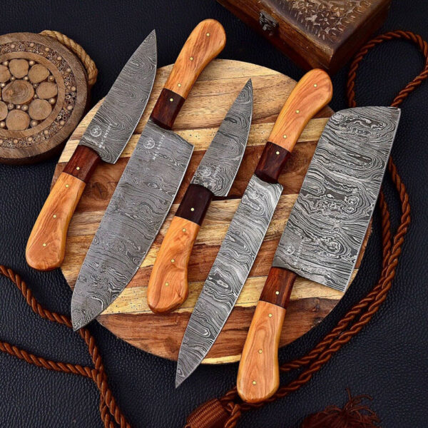 Custom Handmade Damascus Steel Chef Knives Set of 5 with Leather Sheath