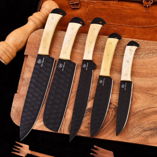 Handmade Black Carbon Coated Chef Knives Set of 5 wit Leather Bag