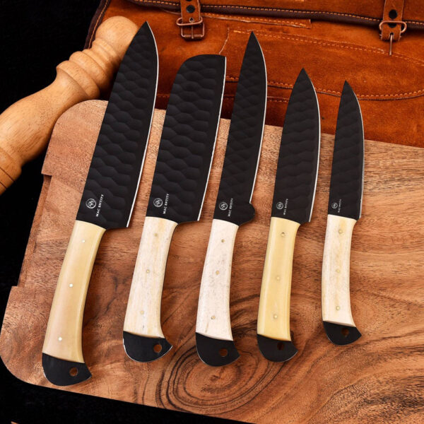 Handmade Black Carbon Coated Chef Knives Set of 5 wit Leather Bag - Image 2