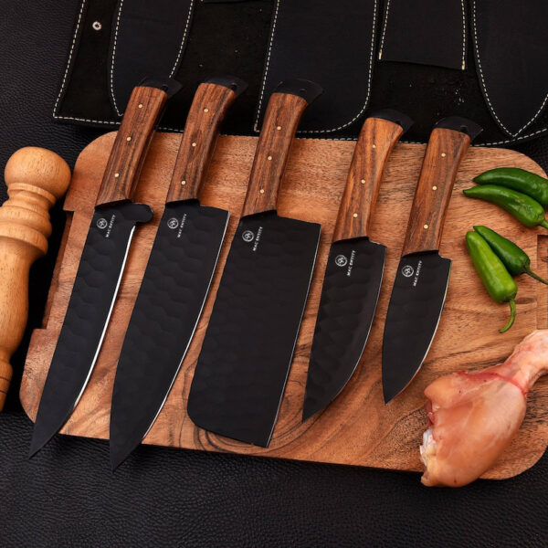 Handmade Black Carbon Coated Chef Knives Set of 5 with Leather Bag - Image 2