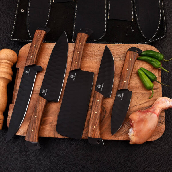 Handmade Black Carbon Coated Chef Knives Set of 5 with Leather Bag