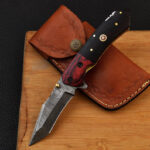 Handmade Damascus Steel Folding Pocket Knife with Leather Cover – 8" Rosewood Bolster Point Blade, Razor Sharp Edge