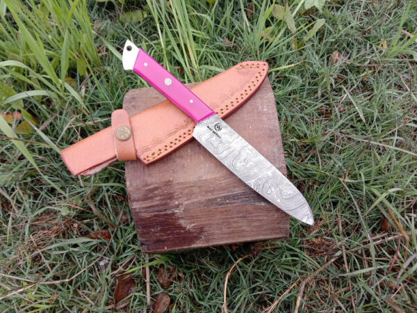 Handmade Damascus Steel Chef Knife with Leather Sheath - Image 4