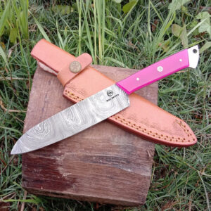 Handmade Damascus Steel Chef Knife with Leather Sheath