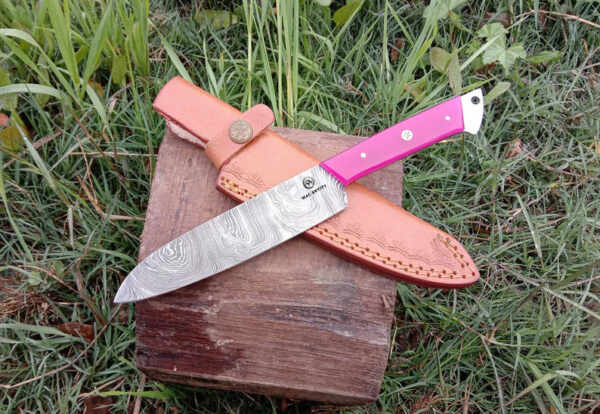 Handmade Damascus Steel Chef Knife with Leather Sheath