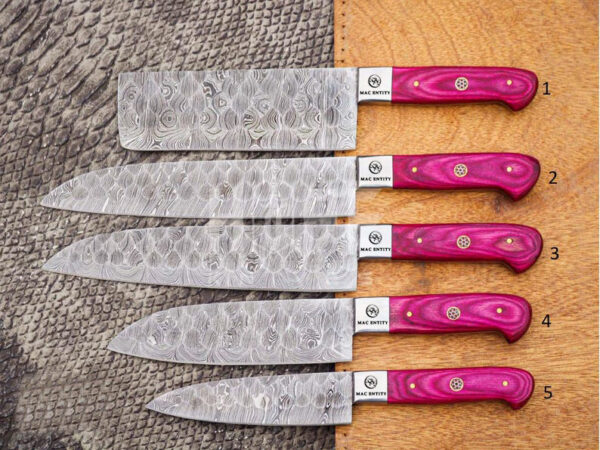 Custom Handmade Damascus Steel Chef Knives Set With Leather Sheath - Image 3