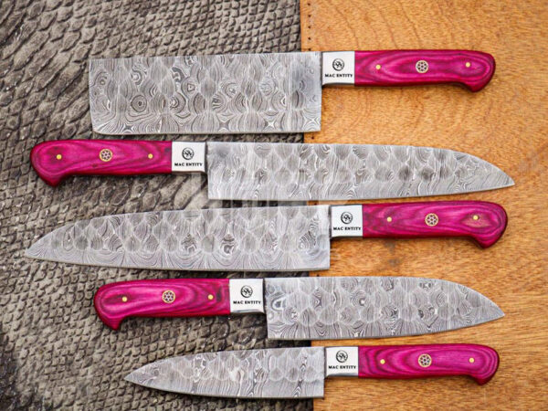 Custom Handmade Damascus Steel Chef Knives Set With Leather Sheath - Image 2