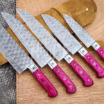 Custom Handmade Damascus Steel Chef Knives Set With Leather Sheath