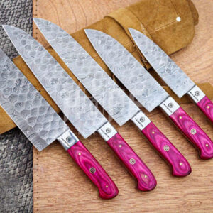 Custom Handmade Damascus Steel Chef Knives Set With Leather Sheath